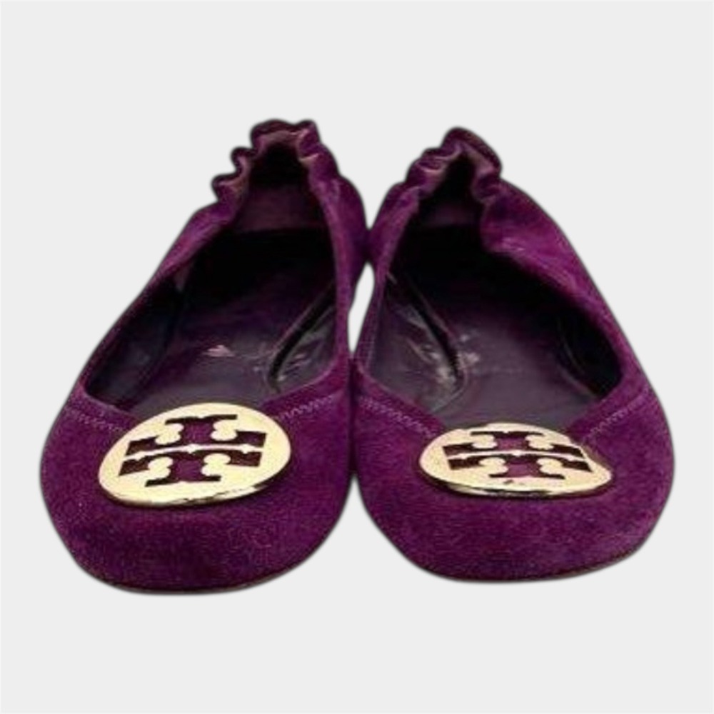 Tory Burch Reva Ballet Flats Women 9M Purple Good Suede Gold Logo 31138003
